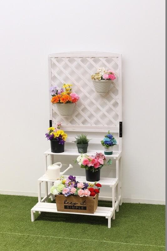 ３個セット 木製ラティスフェンス付きフラワースタンド 3段ホワイト