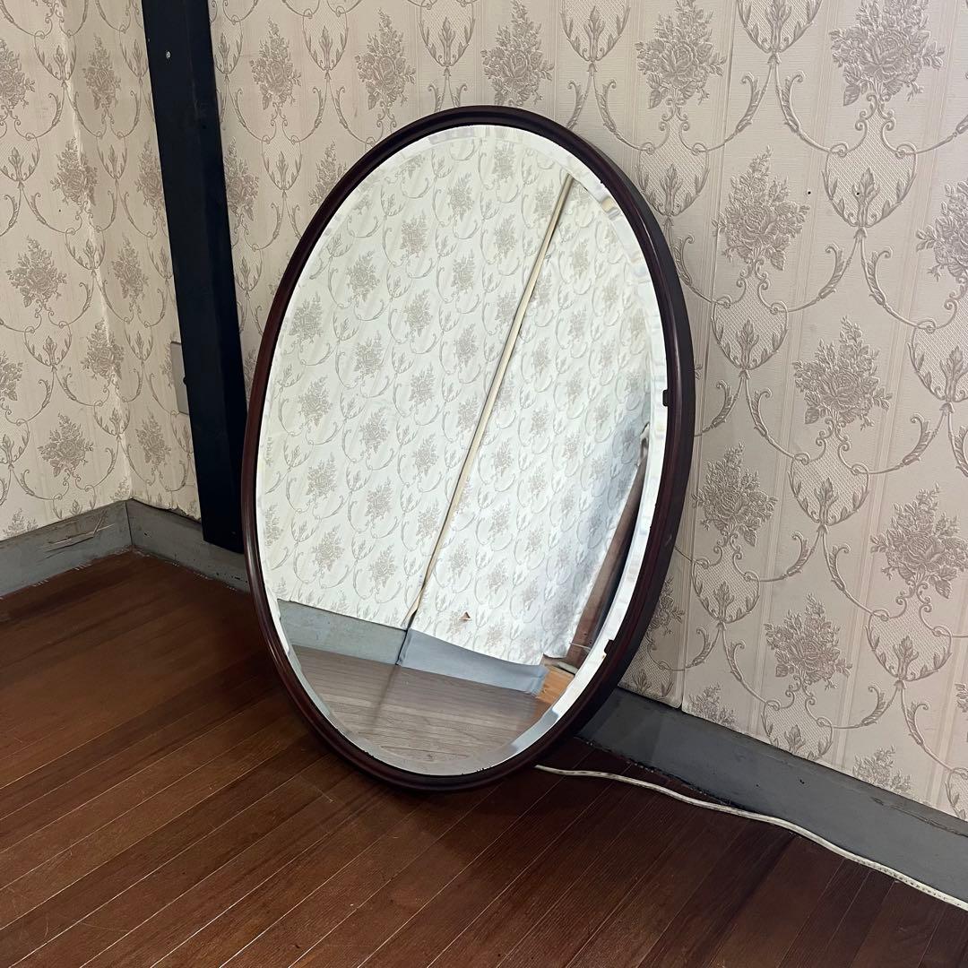 【アンティーク】楕円形 木枠 立て掛け鏡 スタンドミラー 姿見 北欧レトロ