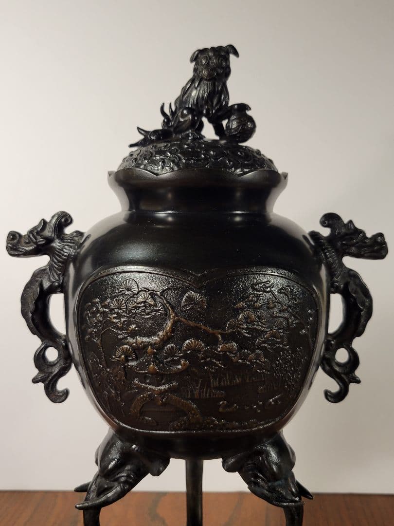 香炉 「台付三ツ足 山水」 高岡銅器