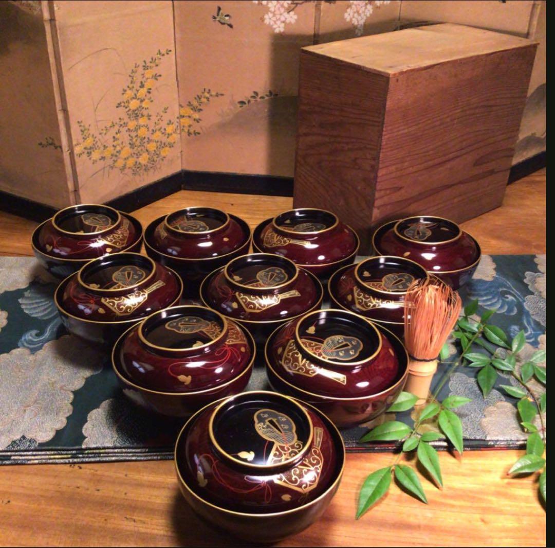 A756木製輪島塗　木地塗　鍔に扇桜蒔絵　金縁　梨地　吸物椀　菓子椀　5客