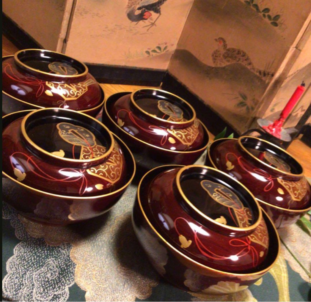 A756木製輪島塗　木地塗　鍔に扇桜蒔絵　金縁　梨地　吸物椀　菓子椀　5客