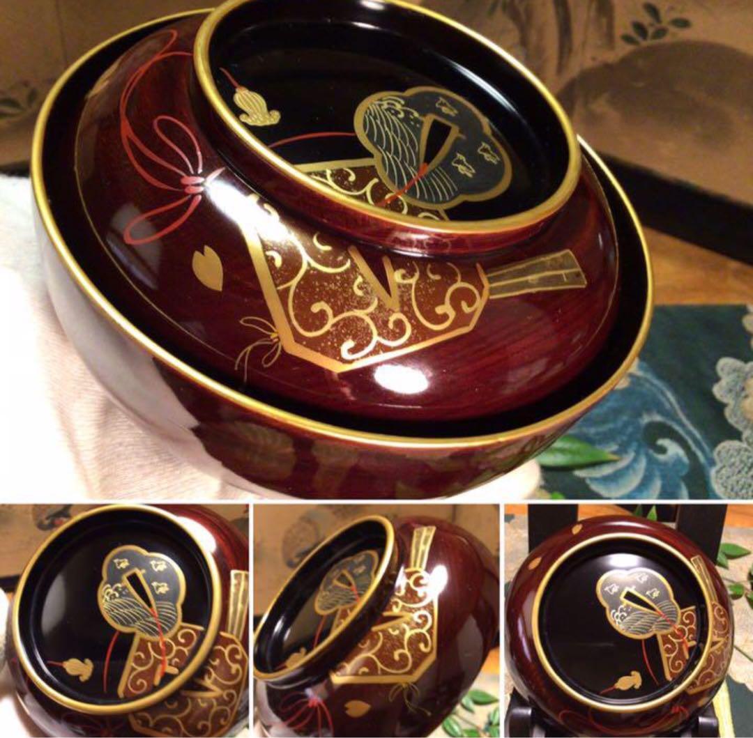 A756木製輪島塗　木地塗　鍔に扇桜蒔絵　金縁　梨地　吸物椀　菓子椀　5客