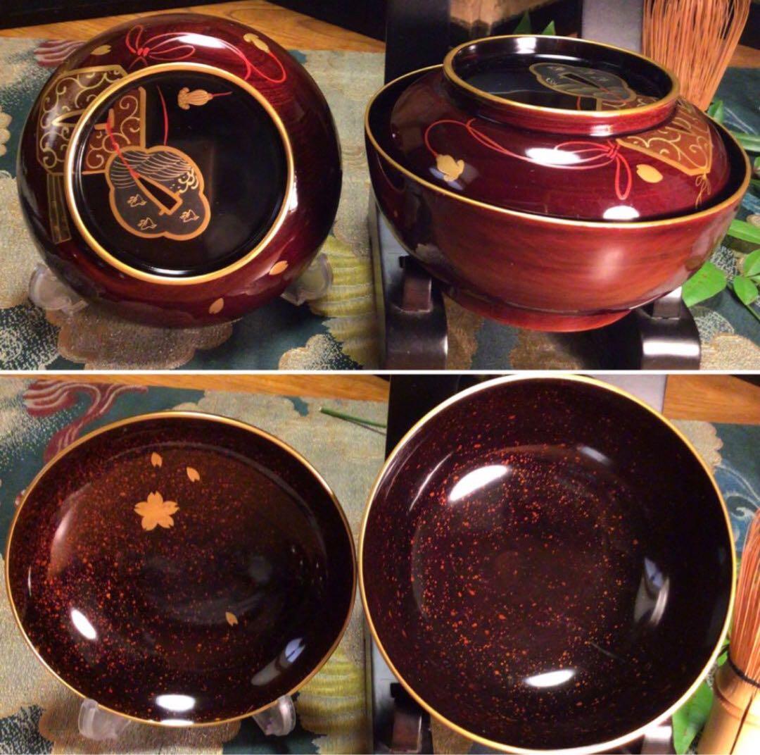 A756木製輪島塗　木地塗　鍔に扇桜蒔絵　金縁　梨地　吸物椀　菓子椀　5客