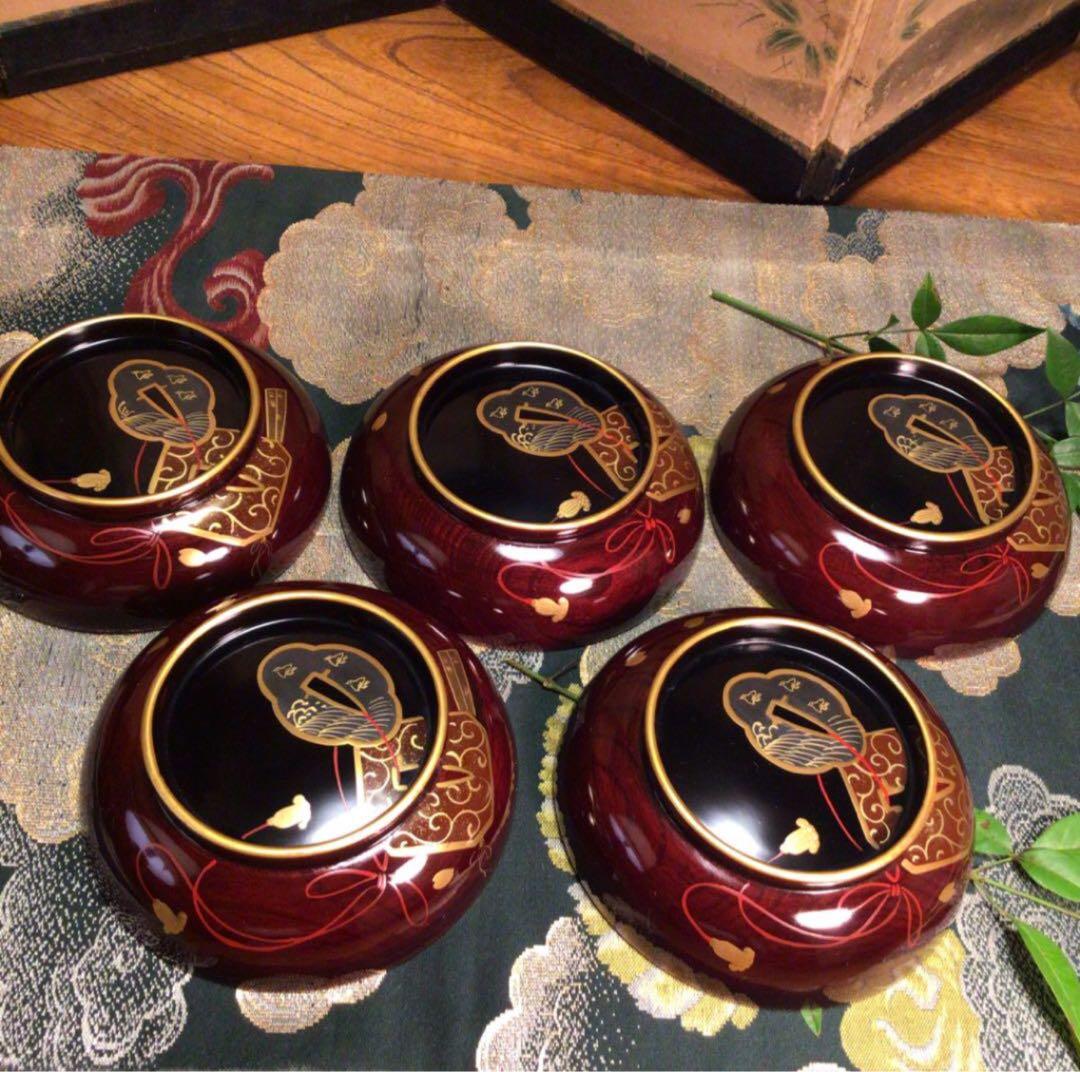 A756木製輪島塗　木地塗　鍔に扇桜蒔絵　金縁　梨地　吸物椀　菓子椀　5客