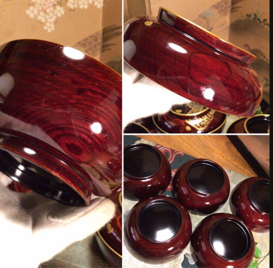 A756木製輪島塗　木地塗　鍔に扇桜蒔絵　金縁　梨地　吸物椀　菓子椀　5客