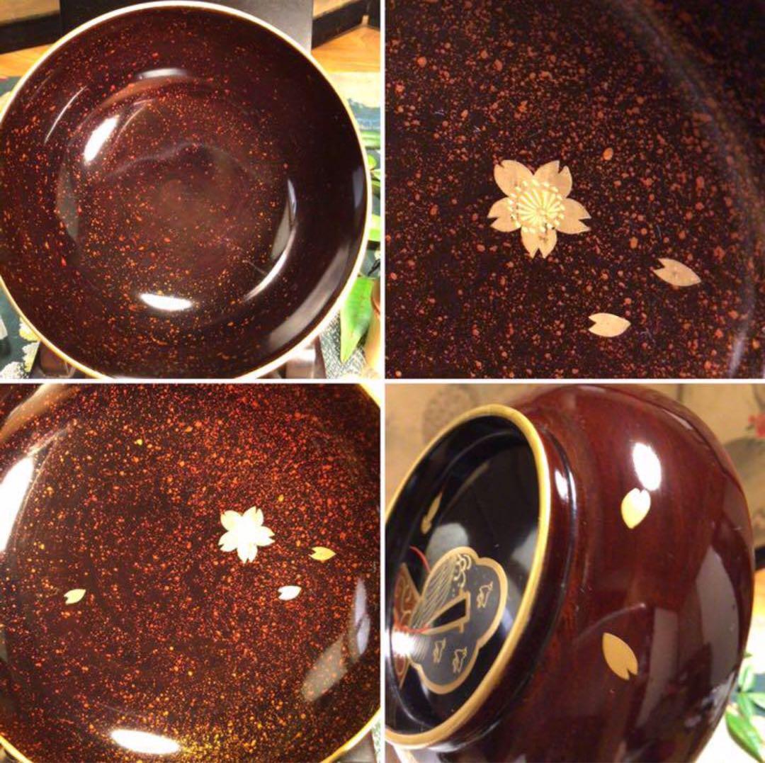 A756木製輪島塗　木地塗　鍔に扇桜蒔絵　金縁　梨地　吸物椀　菓子椀　5客