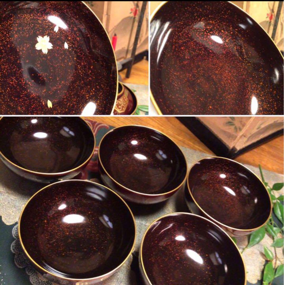 A756木製輪島塗　木地塗　鍔に扇桜蒔絵　金縁　梨地　吸物椀　菓子椀　5客