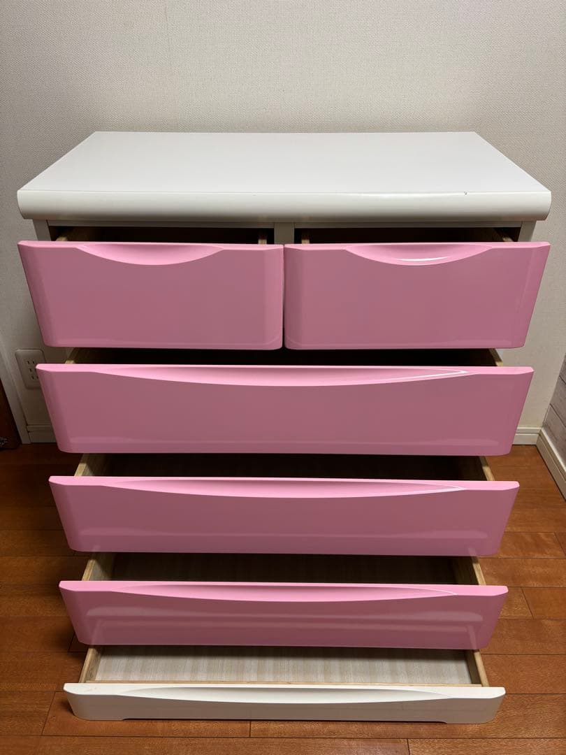 木製チェスト　タンス　5段　ピンク