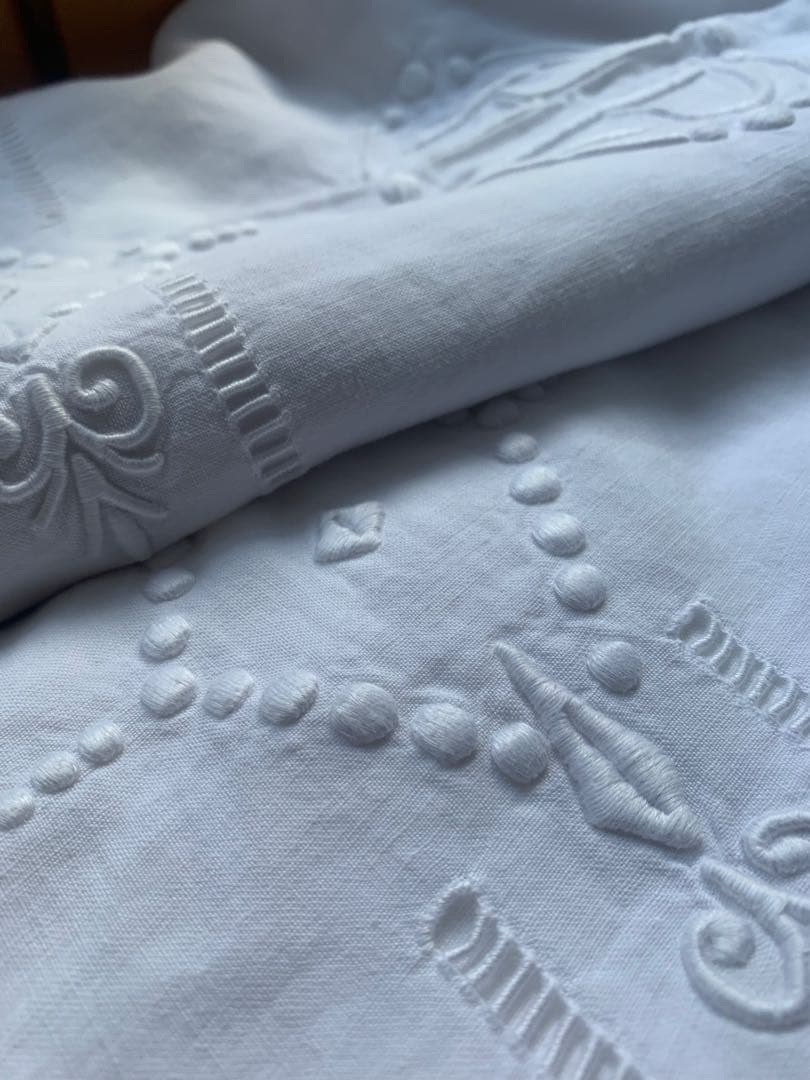 フランスアンティーク 薄手コットン 超大判一枚布 3.1x2.2m 手刺繍レース