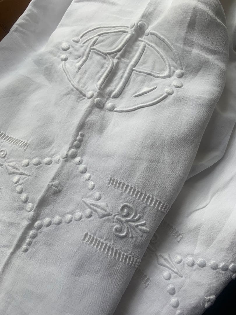 フランスアンティーク 薄手コットン 超大判一枚布 3.1x2.2m 手刺繍レース