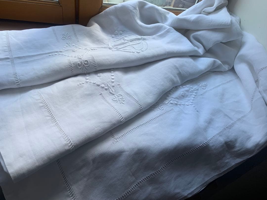 フランスアンティーク 薄手コットン 超大判一枚布 3.1x2.2m 手刺繍レース