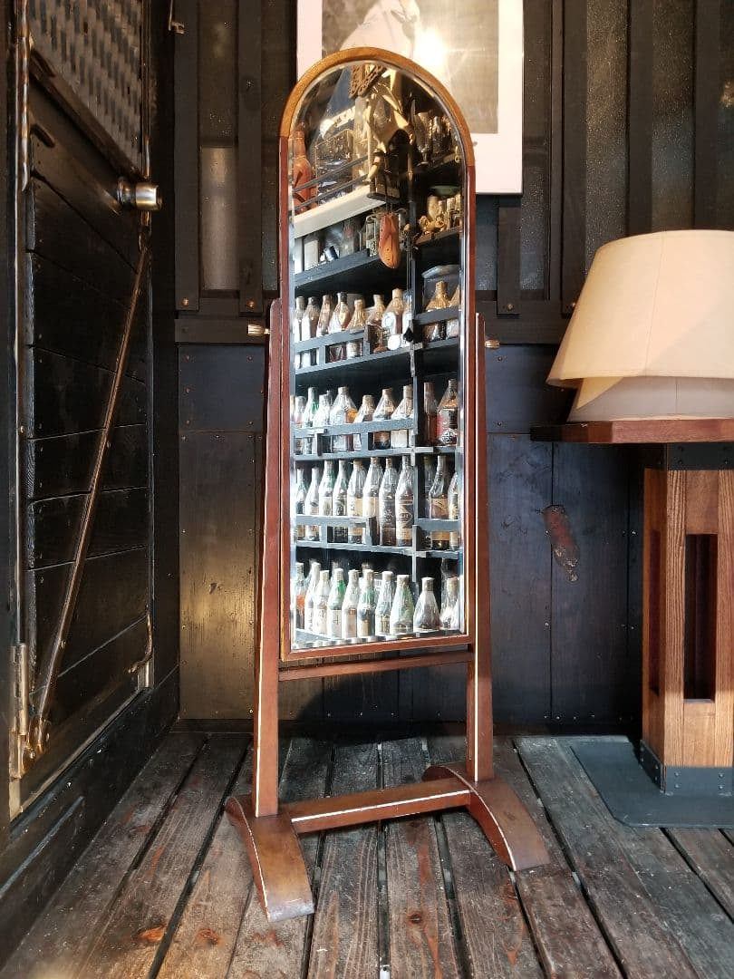 大正　年代物　浪漫　モダン　真鍮　金具　アーチ型　楔　組木　細工　スタンドミラー