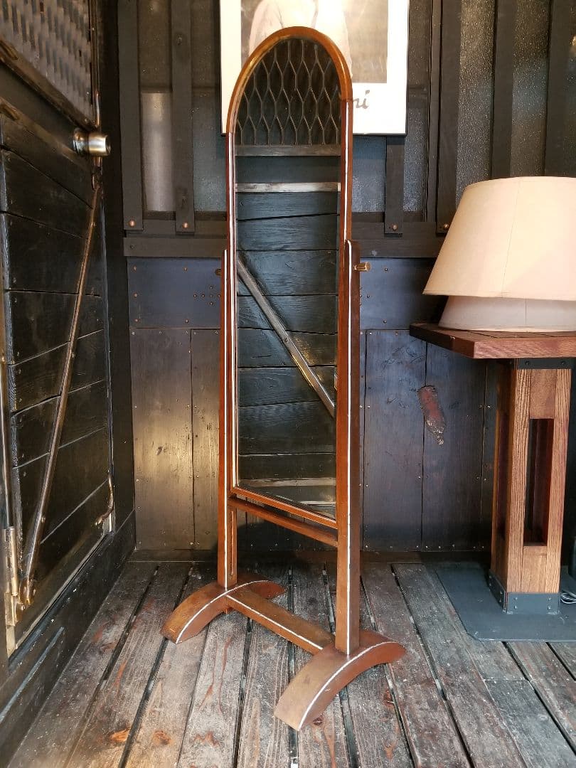 大正　年代物　浪漫　モダン　真鍮　金具　アーチ型　楔　組木　細工　スタンドミラー