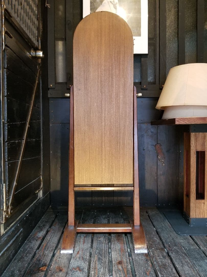 大正　年代物　浪漫　モダン　真鍮　金具　アーチ型　楔　組木　細工　スタンドミラー