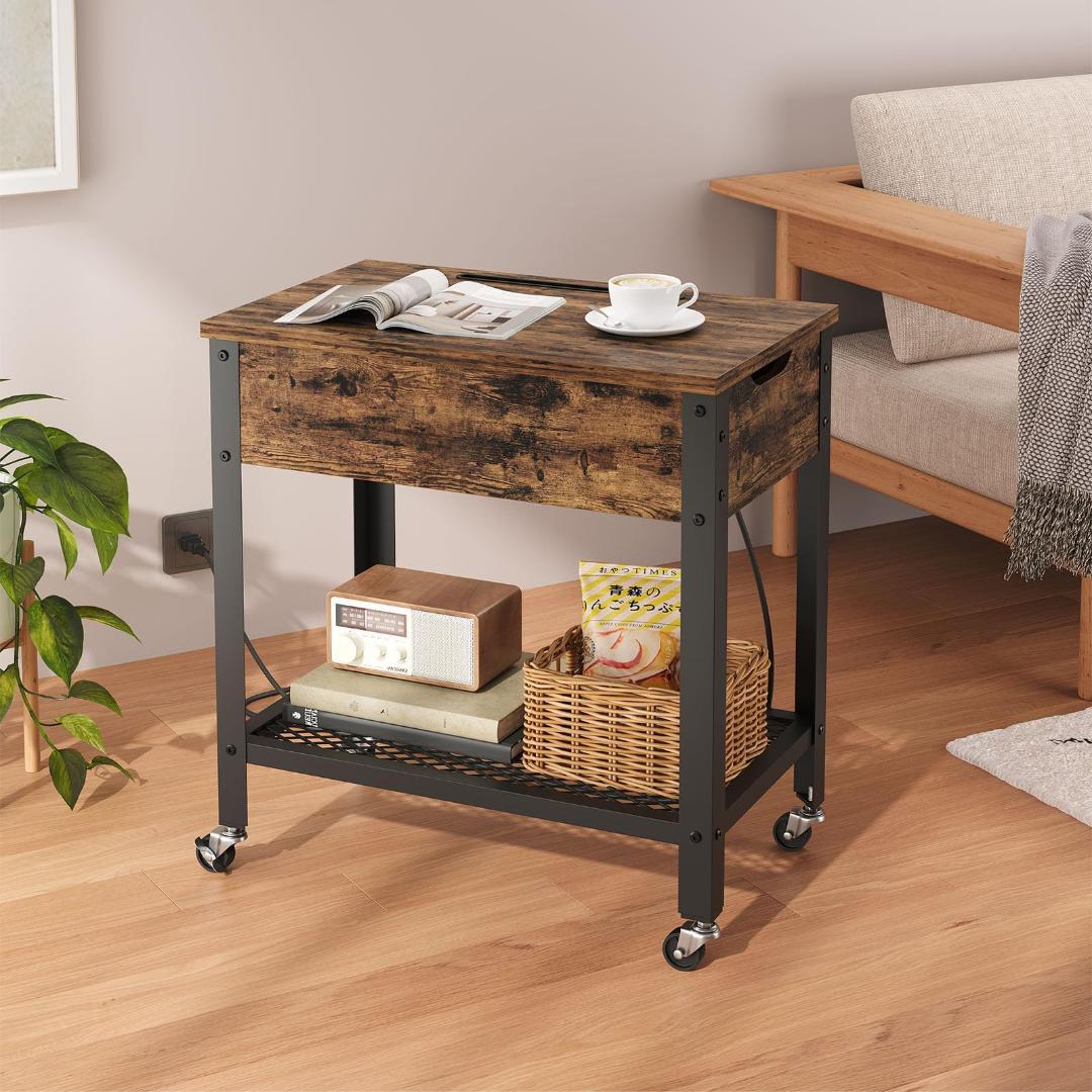 一台二役 多機能変形可能サイドテーブル 充電機能付き