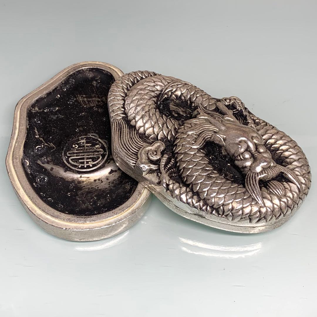 文房具　書道　硯 銀龍 凹凸彫刻　インテリア　置物　縁起物　時代物