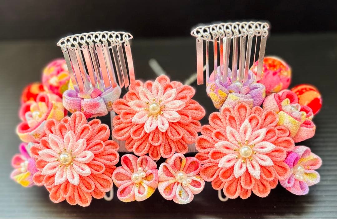 七五三髪飾りセット 7歳 つまみ細工 パステルカラー 桃錦×パールピンク 8-4