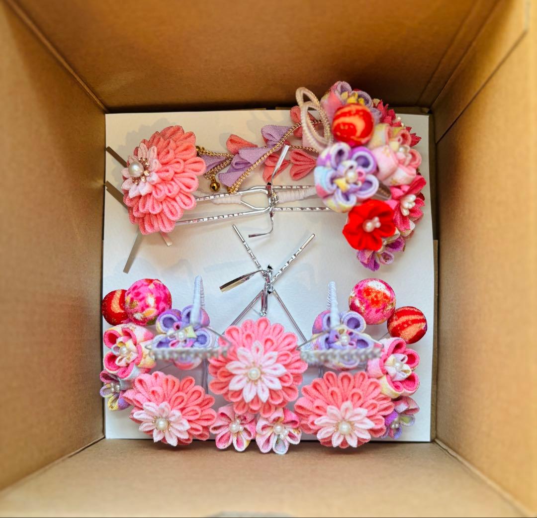 七五三髪飾りセット 7歳 つまみ細工 パステルカラー 桃錦×パールピンク 8-4