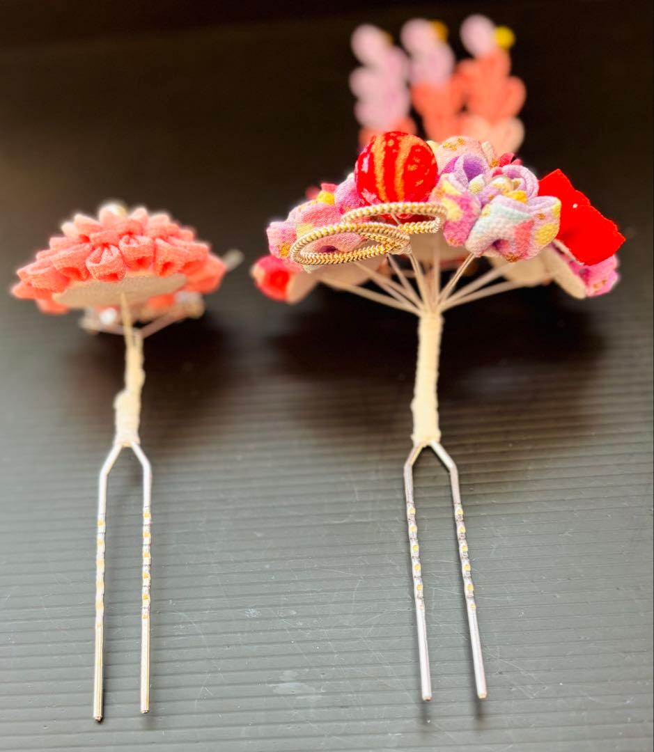 七五三髪飾りセット 7歳 つまみ細工 パステルカラー 桃錦×パールピンク 8-4