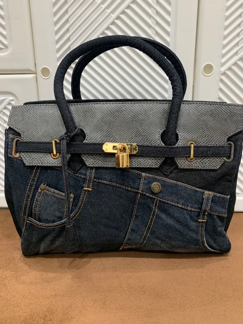 デニム ハンドバッグ ベルト リメイク ジーンズ 鍵付 南京錠