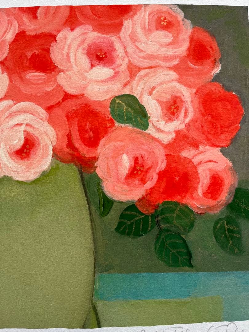 新品額入り　限定版画　ジニー・キム　直筆サイン、ED、証明書あり　薔薇　オレンジ