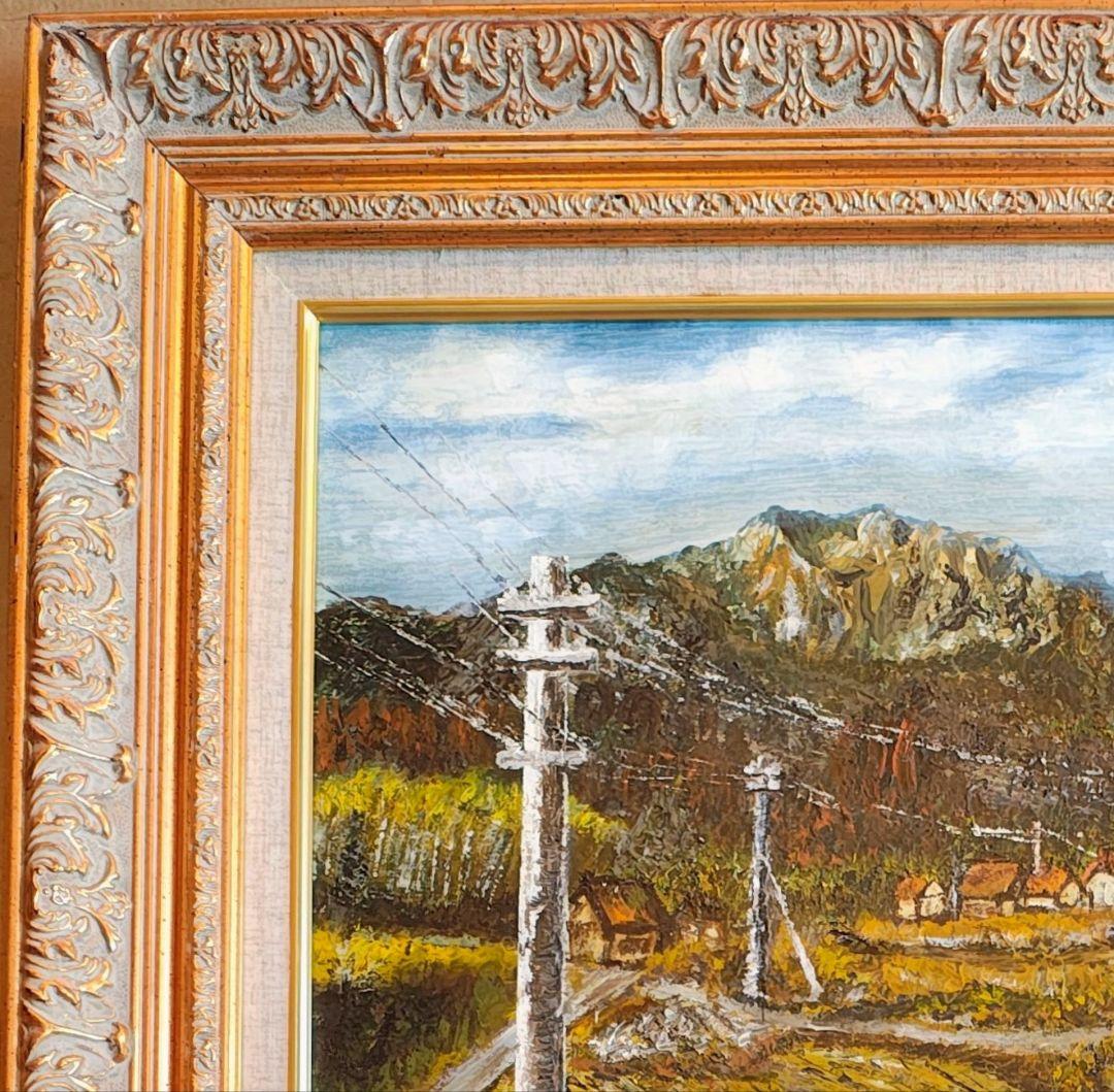 F12号】大型 油絵 風景画 額縁入り バス停 山道 アンティーク 肉筆