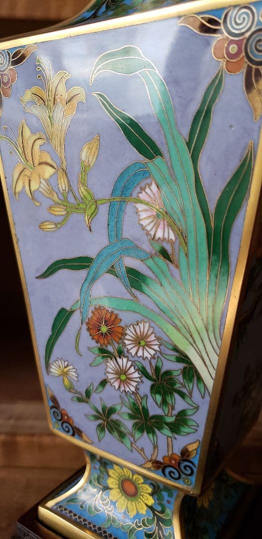 七宝 花瓶 花鳥図 台座付