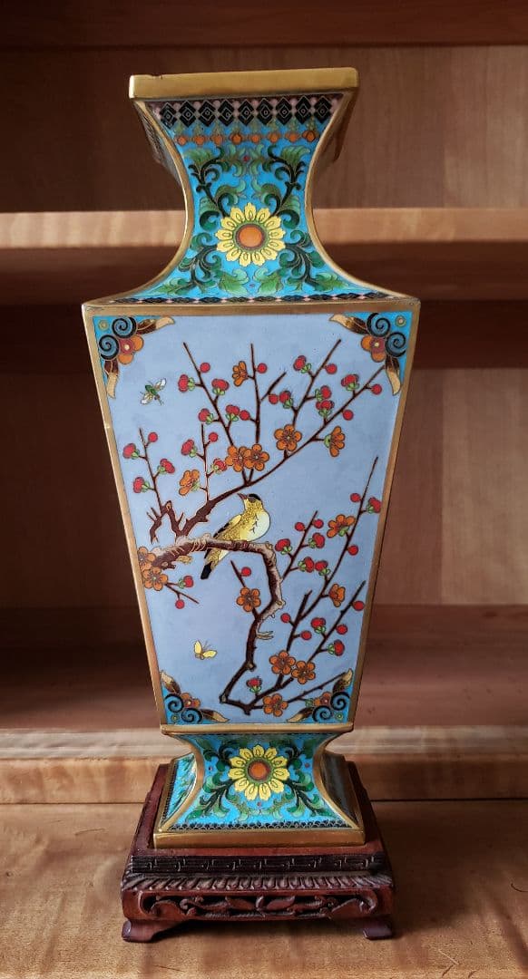 七宝 花瓶 花鳥図 台座付