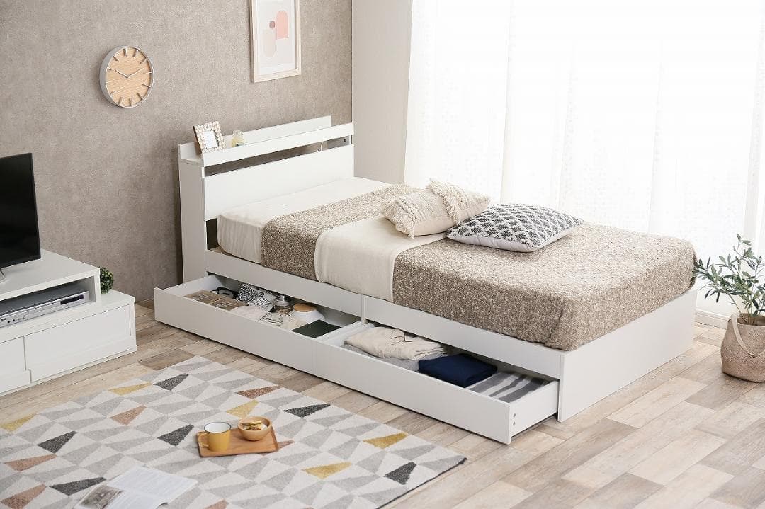 《新品・送料無料》【シングル】Pluto 収納付きベッド（マットレス付き）