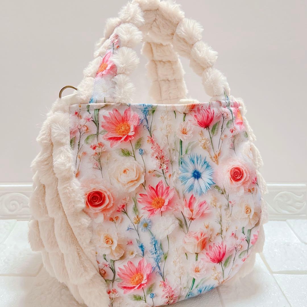 コヤンイサムチョン ふわもこ トートバッグ 猫ちゃん 花柄×ファー