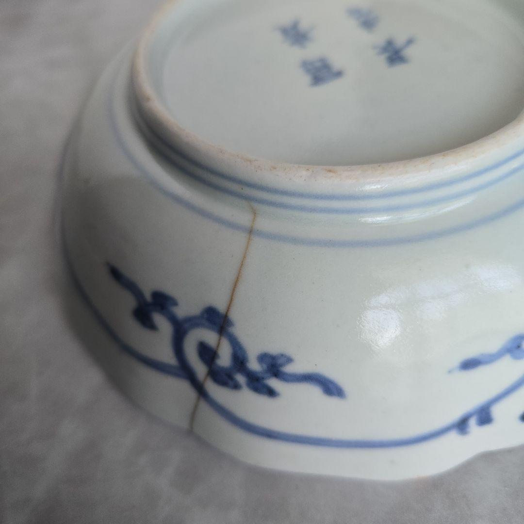 古伊万里 染付 蛸唐草 深皿 膾皿 江戸時代 金直し 金継ぎ 骨董 五弁花