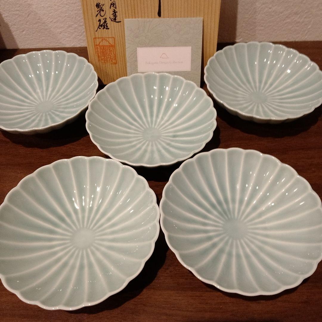 未使用新品　深川製磁　菊割小付揃　小皿　青磁　箱入　有田焼　5枚