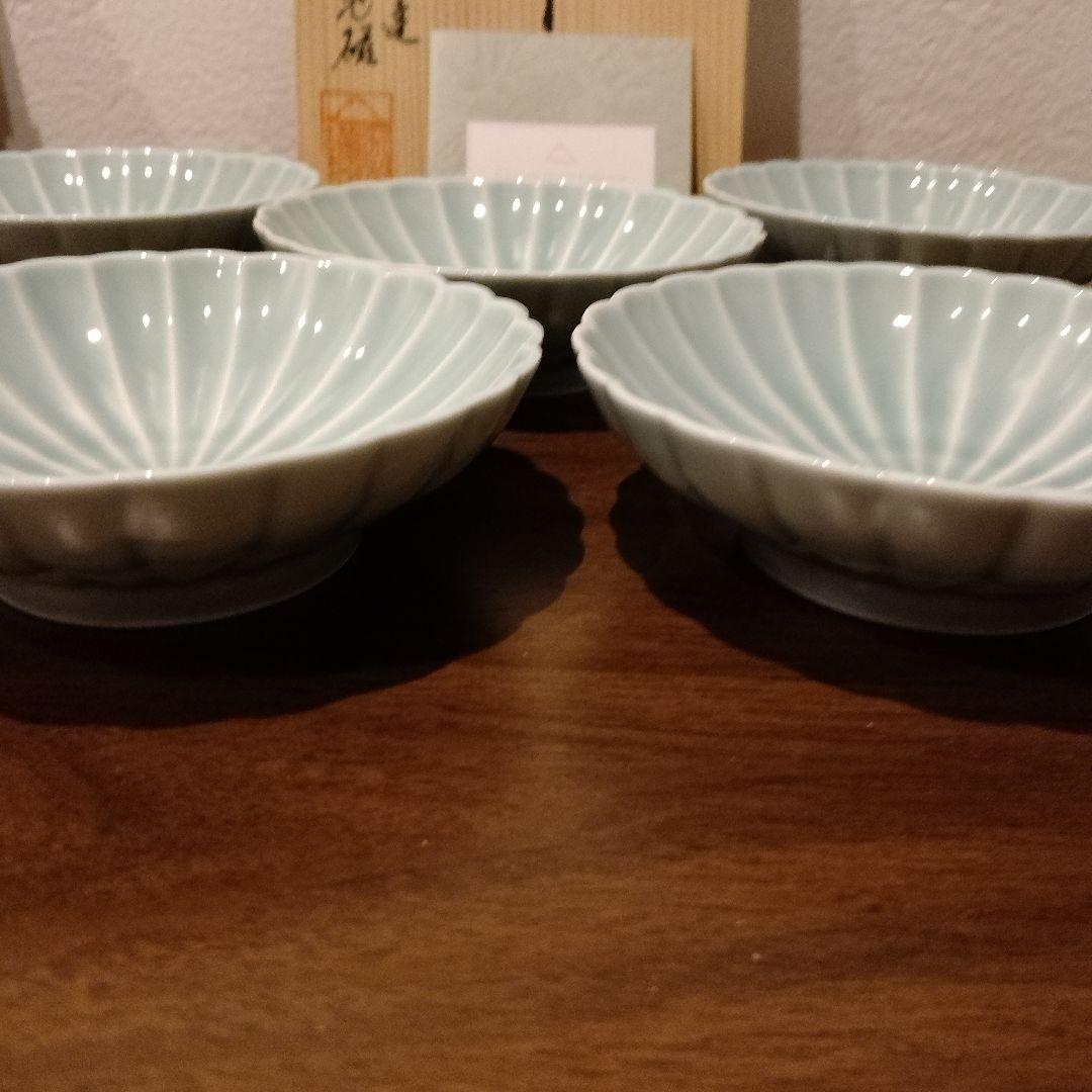 未使用新品　深川製磁　菊割小付揃　小皿　青磁　箱入　有田焼　5枚