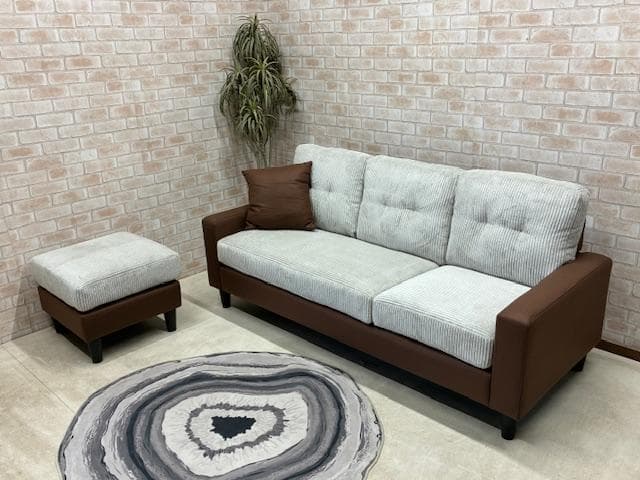 カウチソファ　３人掛け　コーデュロイ　LGY　新品　大特価