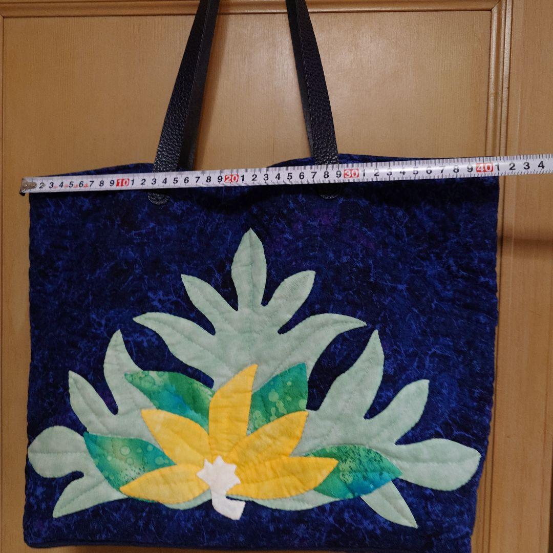 ハワイアンキルト　ティアレタヒチ柄　ネイビー　ハンドメイド　トートバッグ
