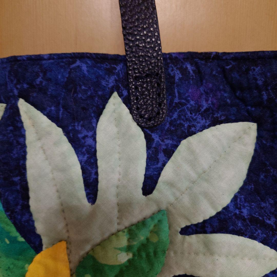 ハワイアンキルト　ティアレタヒチ柄　ネイビー　ハンドメイド　トートバッグ