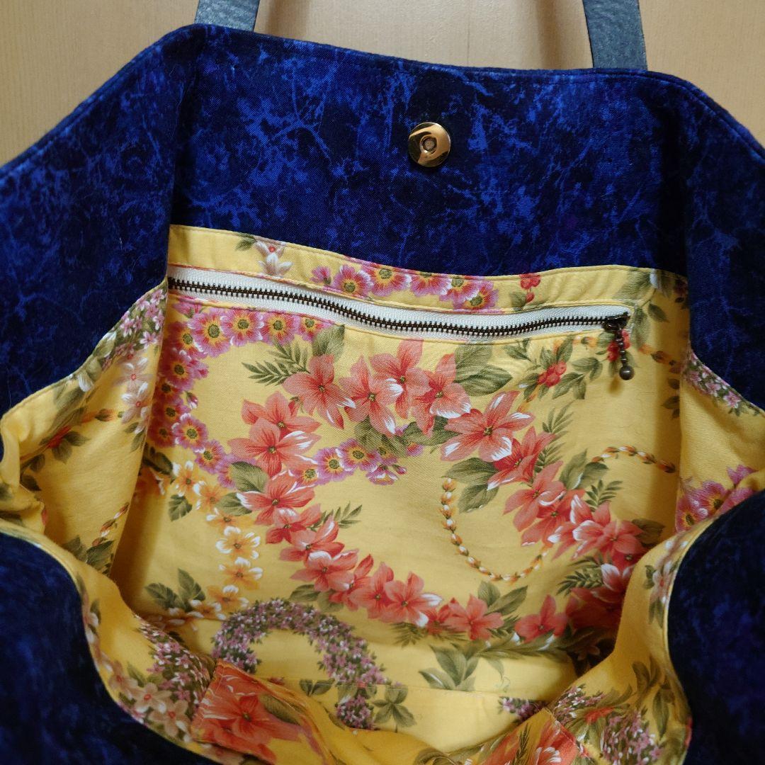 ハワイアンキルト　ティアレタヒチ柄　ネイビー　ハンドメイド　トートバッグ