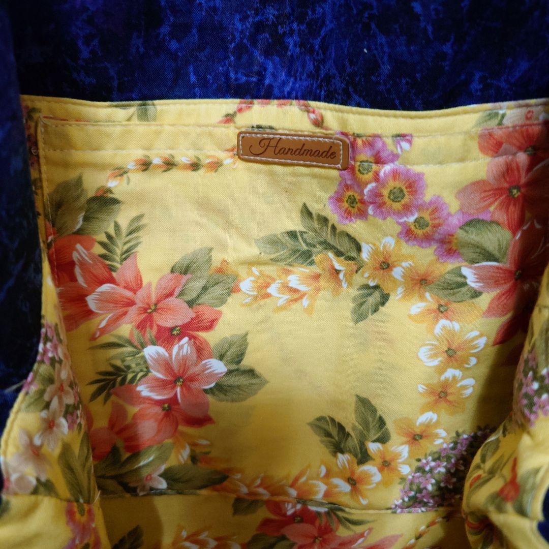 ハワイアンキルト　ティアレタヒチ柄　ネイビー　ハンドメイド　トートバッグ