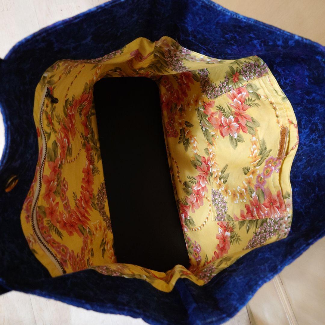 ハワイアンキルト　ティアレタヒチ柄　ネイビー　ハンドメイド　トートバッグ