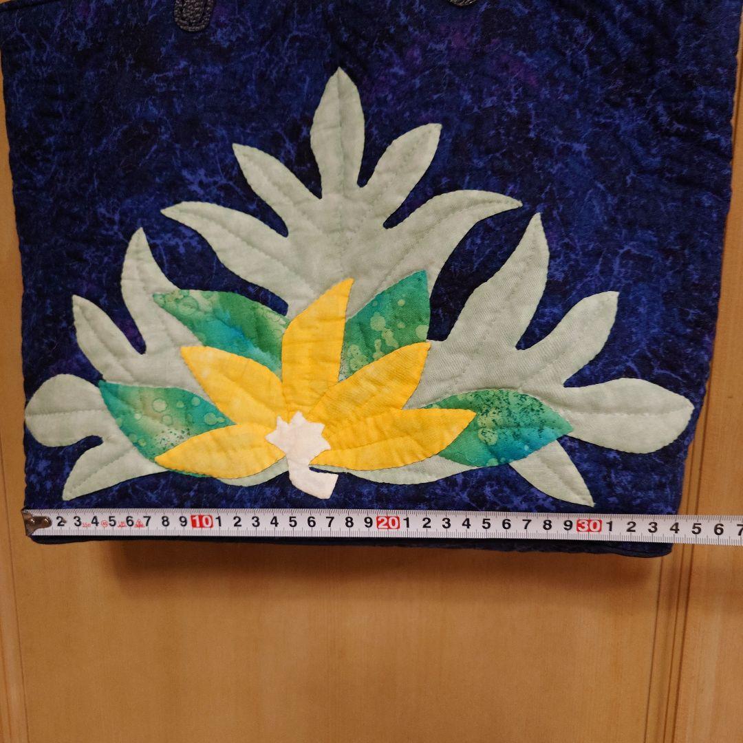 ハワイアンキルト　ティアレタヒチ柄　ネイビー　ハンドメイド　トートバッグ