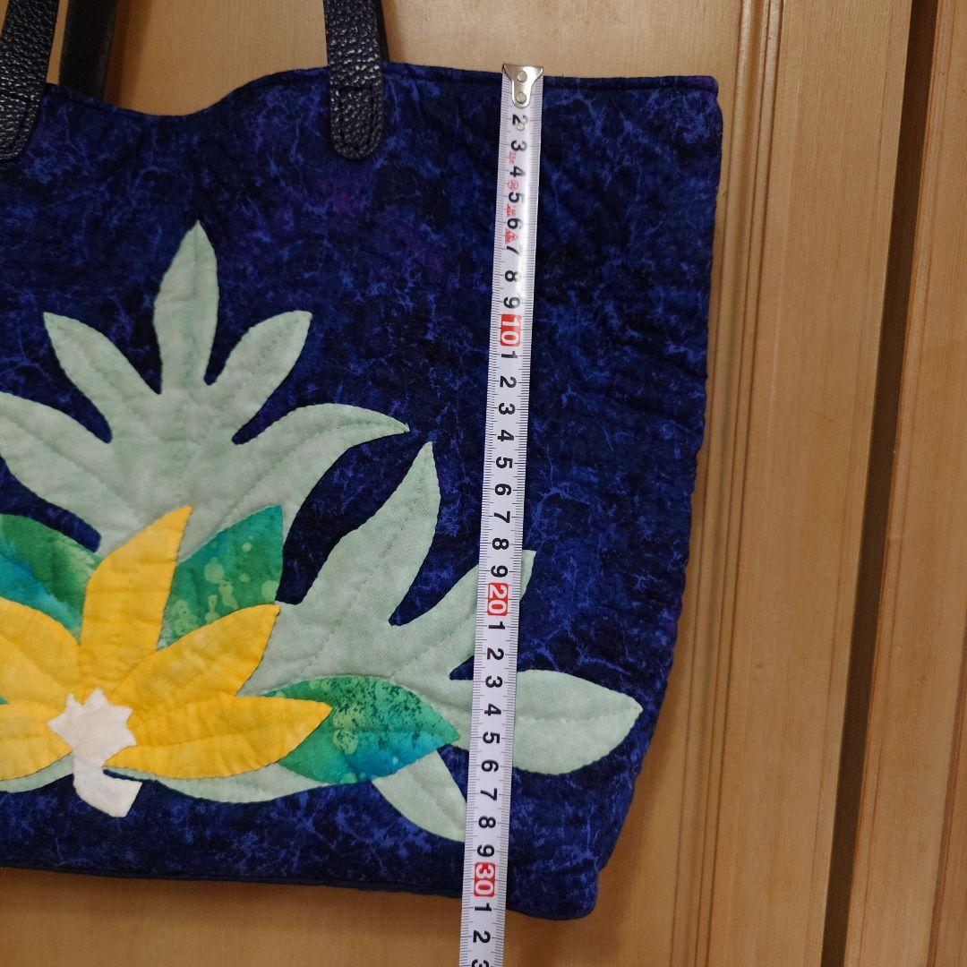 ハワイアンキルト　ティアレタヒチ柄　ネイビー　ハンドメイド　トートバッグ