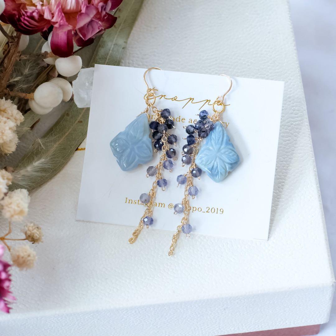 14kgfブルーオパールフラワーカービングピアス/イヤリング