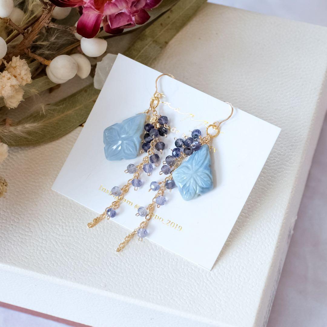 14kgfブルーオパールフラワーカービングピアス/イヤリング