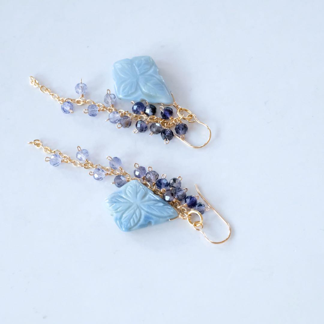 14kgfブルーオパールフラワーカービングピアス/イヤリング