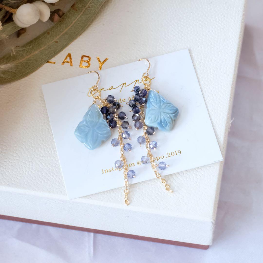 14kgfブルーオパールフラワーカービングピアス/イヤリング