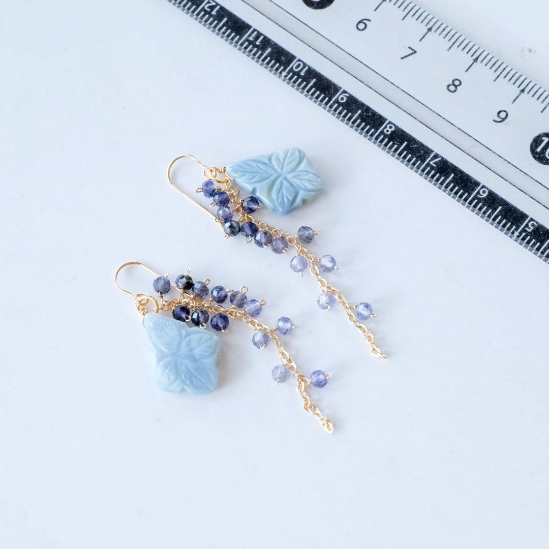 14kgfブルーオパールフラワーカービングピアス/イヤリング