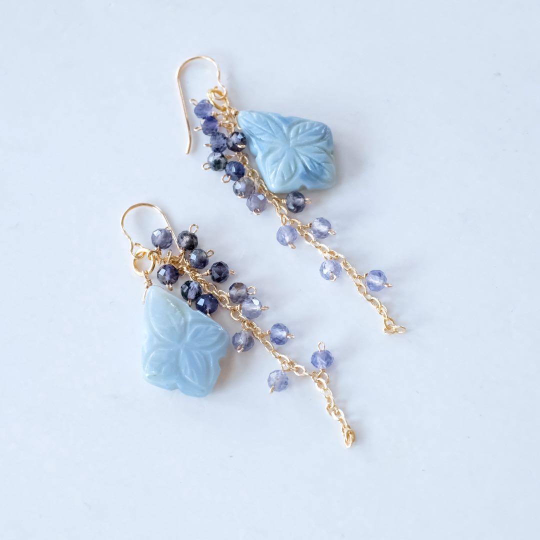 14kgfブルーオパールフラワーカービングピアス/イヤリング