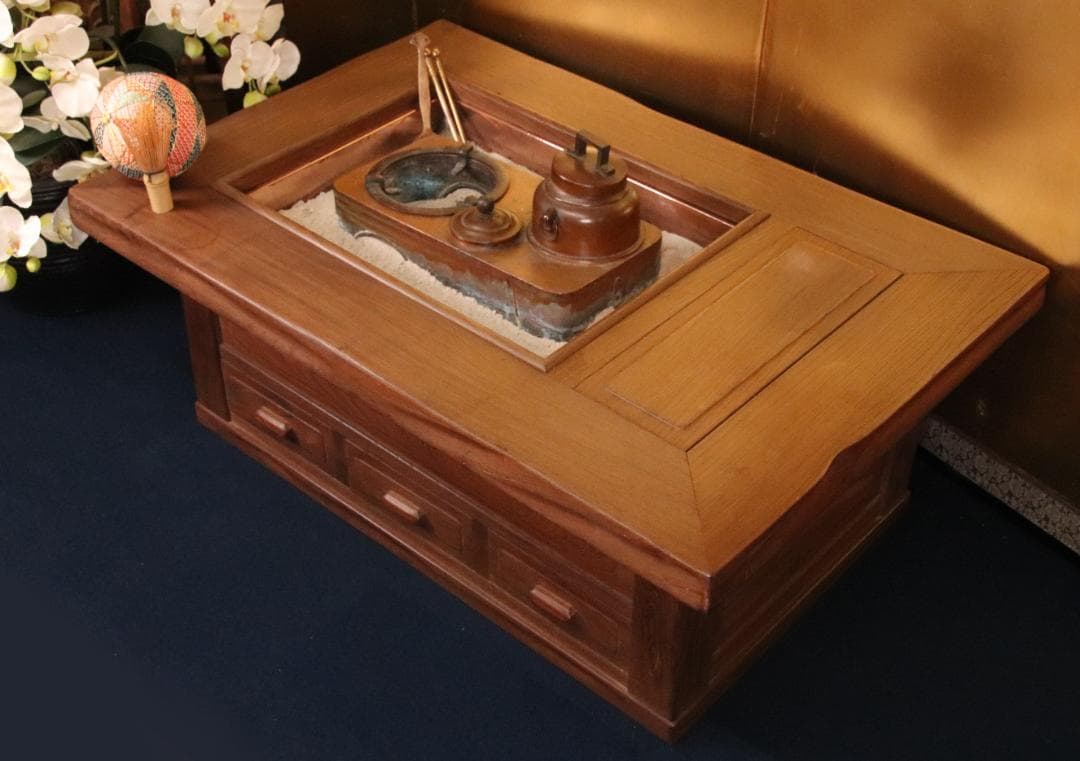 BE419　時代家具　関西火鉢　３尺　天板厚５㎝　純銅製 酒燗器 火箸 灰ならし