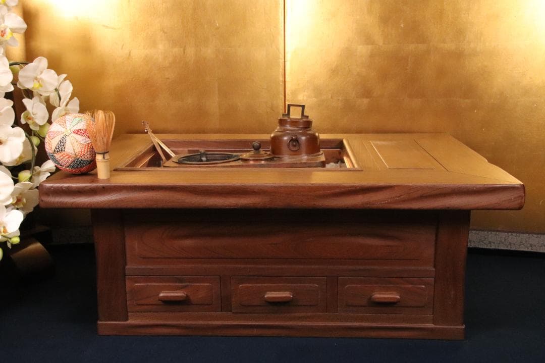 BE419　時代家具　関西火鉢　３尺　天板厚５㎝　純銅製 酒燗器 火箸 灰ならし