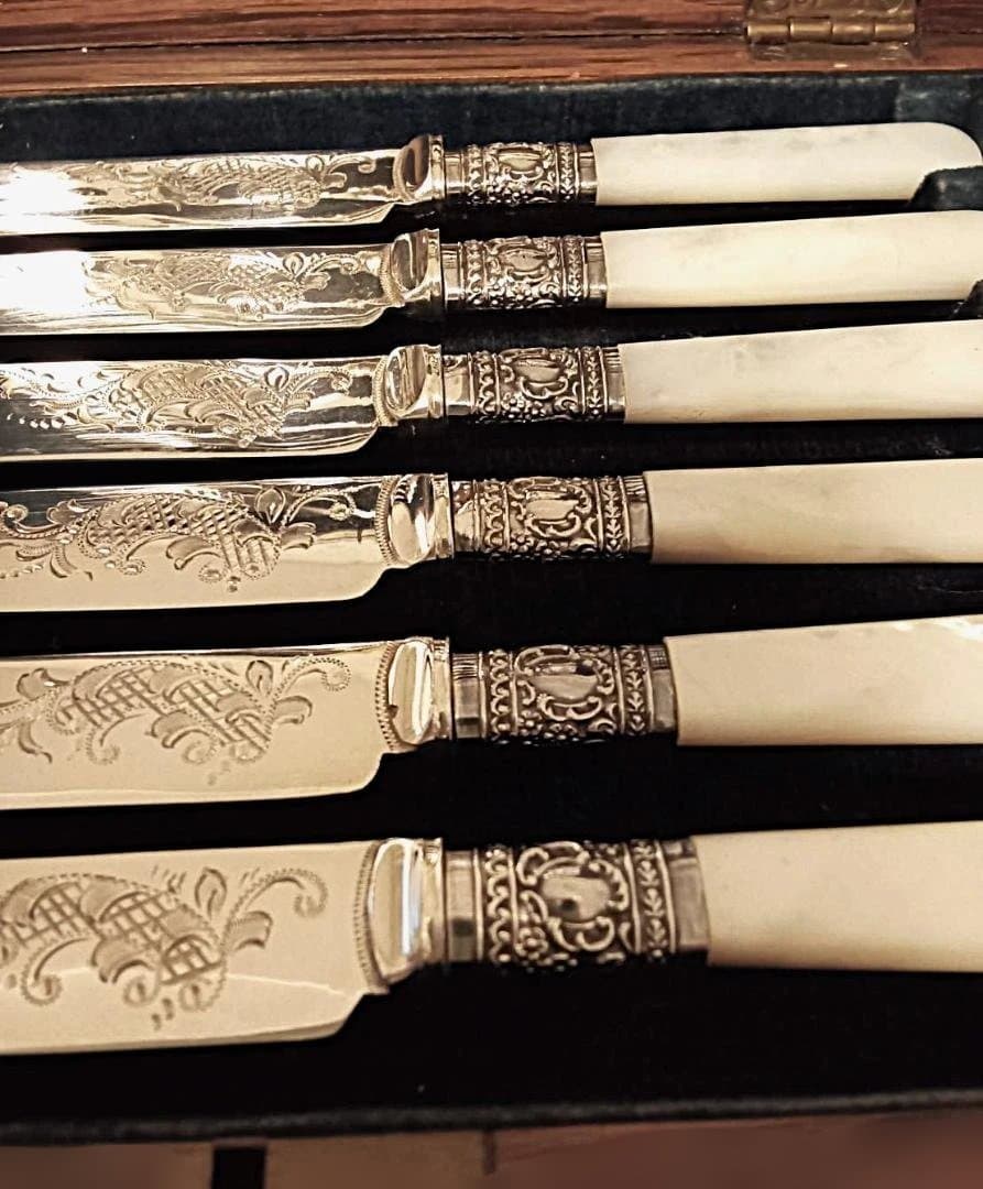 英国アンティーク マザーオブパール カトラリーセット/ PMC 刻印・専用 木箱